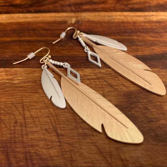 Double Metal Feather Dangle Earrings Mostly Gold - Picture 4 of 6